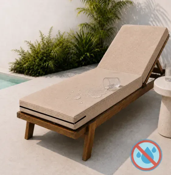 Waterproof cover for a sun lounger made of beige furniture velour with zipper