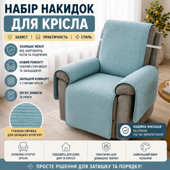 Complete set of covers for a single armchair made of furniture velour, color sky blue