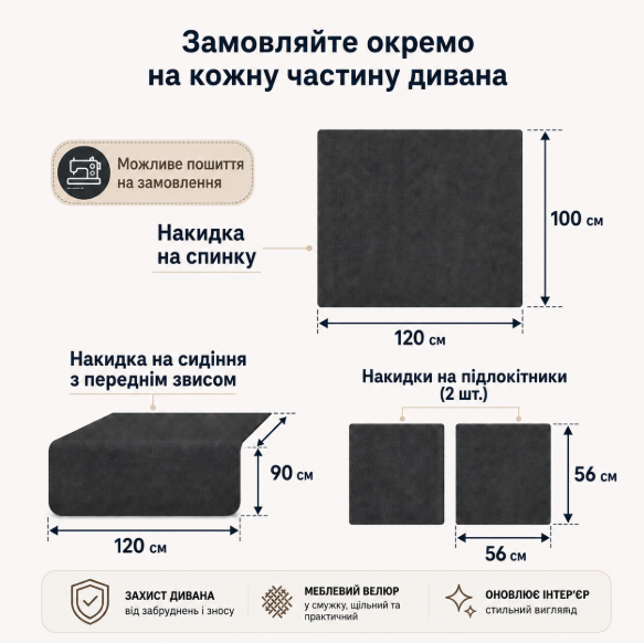 Чохол для спинки на двоспальний диван з меблевого велюру, колір бежевий 100x120 91753 фото
